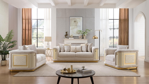 Bona Beige Loveseat with Ornate Wood Trim and Button-Tufted Back