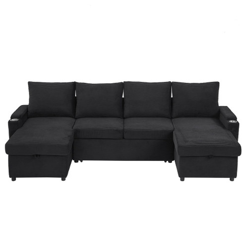 U Shaped Sectional Sofa Bed With Storage Chaise Lounges, USB Ports, And Cup Holders