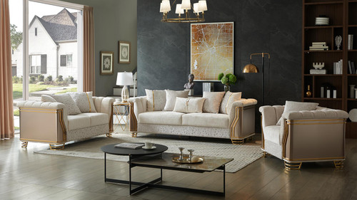 Chateau Cream Upholstered Loveseat with Gold Trim and Metal Legs