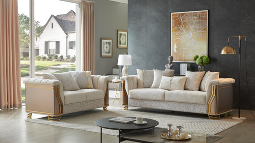 Chateau Cream Upholstered Loveseat with Gold Trim and Metal Legs
