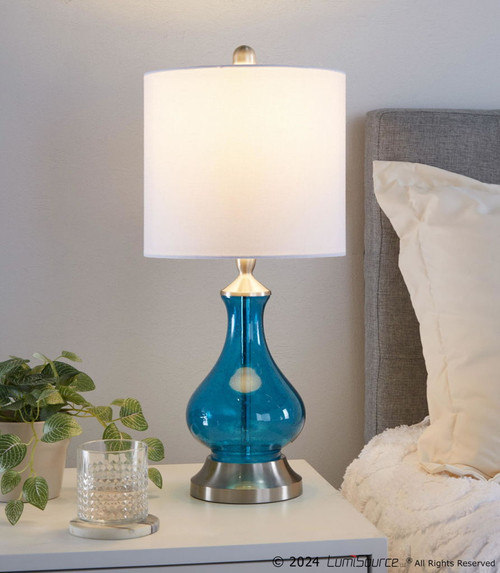 Jasmine - 22" Glass Accent Lamp (Set of 2) - Clear Sapphire Blue Seeded Glass, Brushed Nickel And White Linen Shade from Grandview Gallery