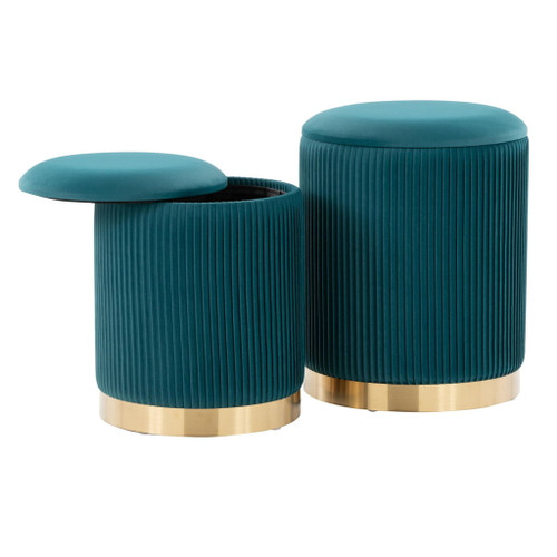 Marla - Nesting Pleated Ottoman (Set of 2) - Gold Metal, Peacock Teal Velvet