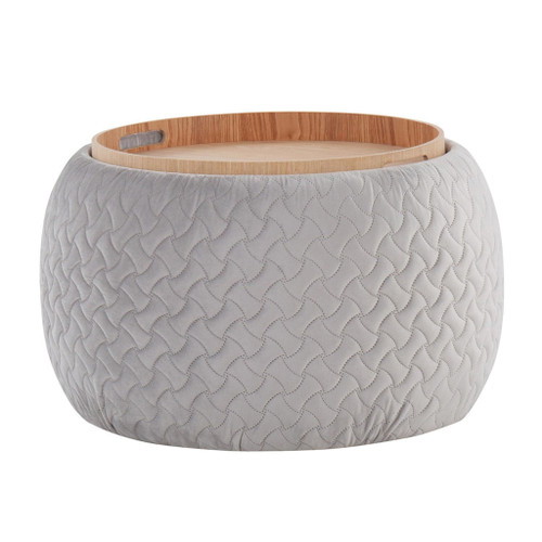 Tray - Pouf Contemporary Ottoman - Natural Wood And Silver Velvet