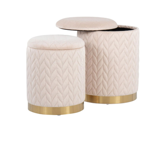 Marla - Contemporary/Glam Quilted Ottoman (Set of 2) - Gold Metal And Cream Velvet