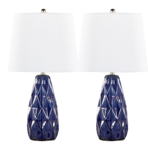 Hex - Contemporary Ceramic Accent Lamp (Set of 2) - Estate Blue Ceramic, Polished Nickel And White Linen Shade From Grandview Gallery