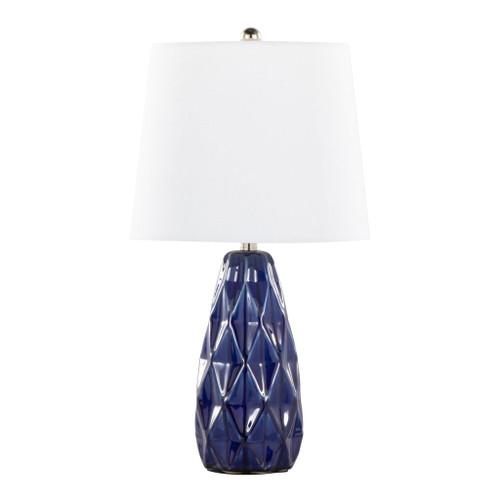 Hex - Contemporary Ceramic Accent Lamp (Set of 2) - Estate Blue Ceramic, Polished Nickel And White Linen Shade From Grandview Gallery