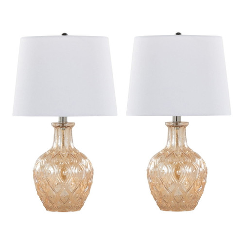 Gloria - Round Contemporary Glass Accent Lamp (Set of 2) - Clear Champagne Lustre Glass, Chrome Metal And White Linen Shade From Grandview Gallery