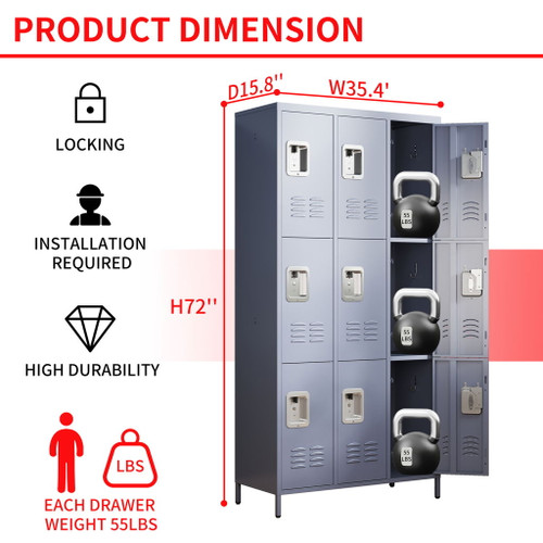 9 Door Lockers With Lock For Storage In Office, School, Gym, And Bedroom - Gray