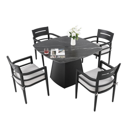 Outdoor Patio Dining Set, Squircle Dining Table, Dining Chairs With Sunbrella Cushions