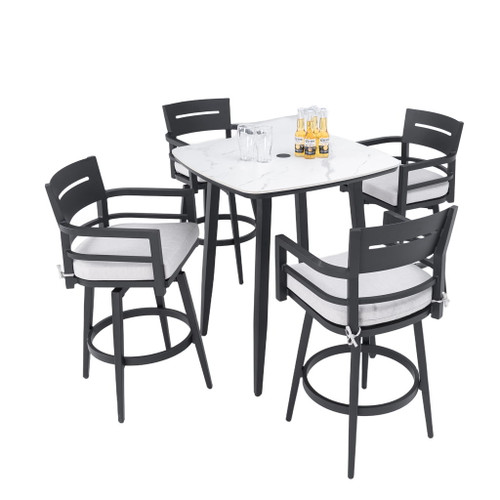 Modern Outdoor Patio Bar Set, Rounded Square Table & Bar Chairs, Non Rust Frame, Tapered Legs, Sunbrella Cushion