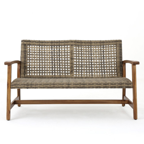 Outdoor Rattan Loveseat With Wooden Legs - Brown