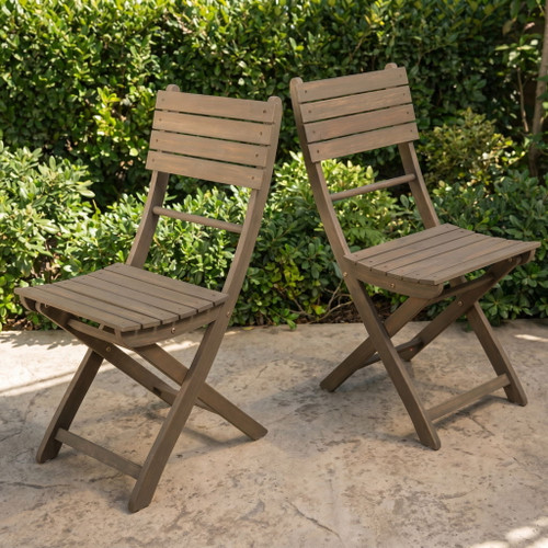 Outdoor Foldable Wood Dining Chair With Slat Design (Set of 2)