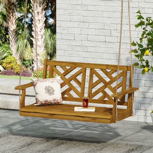 Alejandro - Acacia Wood Porch Swing With Slat Panel Seating