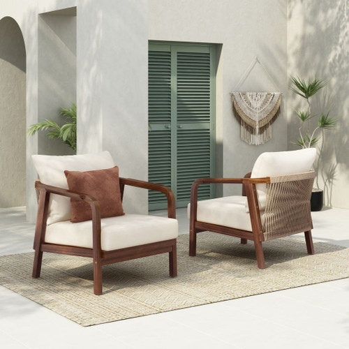 Outdoor Lounge Chair With Woven Backrest, Solid Wood Frame, Comfortable Cushions