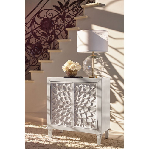 2 Door Accent Cabinet With Floral Carving Storage Furniture - White