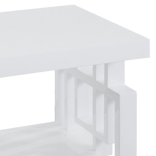 Rectangular End Table With Geometric Design And Open Shelf - White