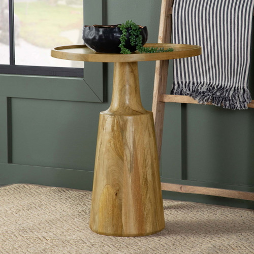Pedestal Accent Table With Eco Friendly Base And Round Lipped Top - Brown