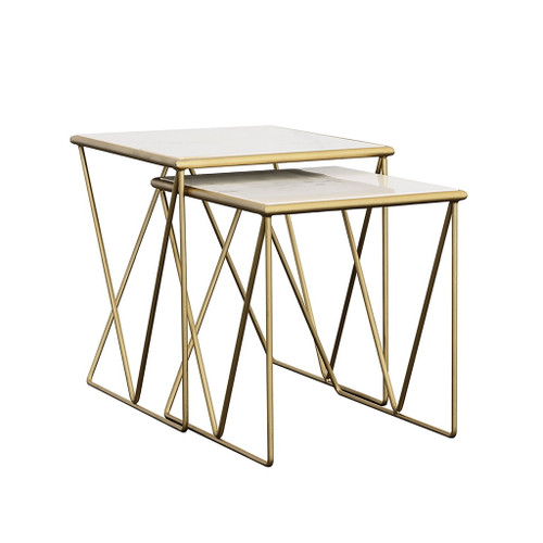 Sinclair - 2 Piece Nesting Table Set With Iron And Luxurious Marble Surface - White / Gold