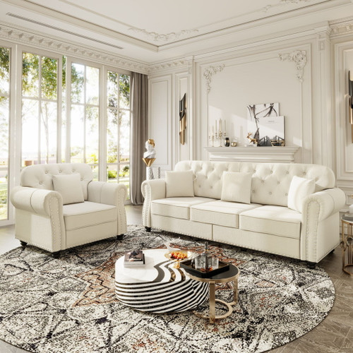 Upholstered Sofa Set With Nailhead Trim And Rolled Armrests, Includes Pillows