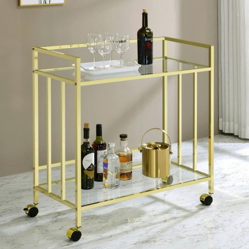 Cara - 2-Tier Rectangular Glass Shelf Metal Bar Cart - Brass
