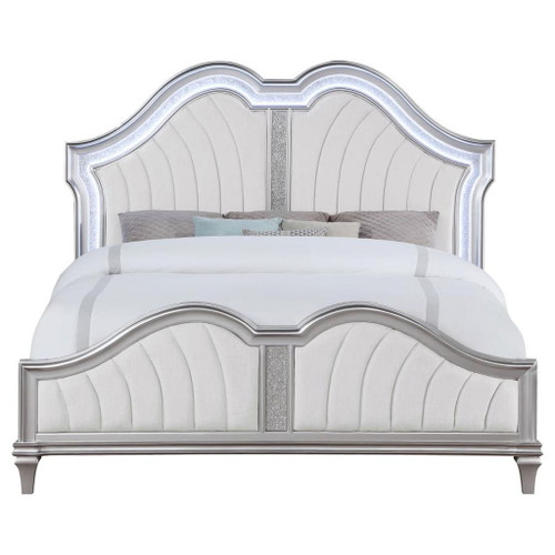 Evangeline - Tufted Upholstered Platform Eastern King Bed - Ivory And Silver Oak