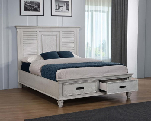 Franco - Wood Eastern King Storage Panel Bed - Distressed White