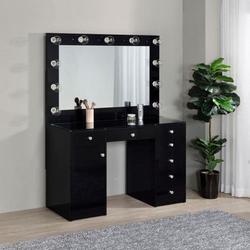 Acena - 7-Drawer Vanity Set With Lighting - Black High Gloss