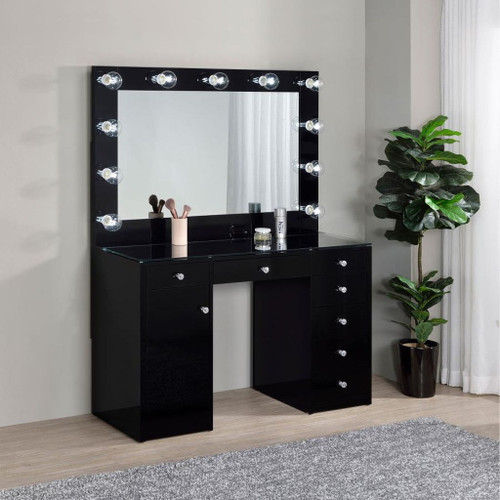Acena - 7-Drawer Vanity Set With Lighting - Black High Gloss