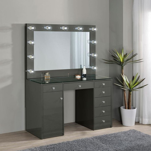 Acena - 7-Drawer Vanity Set With Lighting - Gray High Gloss