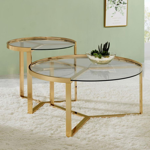 Delia - 2 Piece Round Glass Top Nesting Coffee Table - Gold