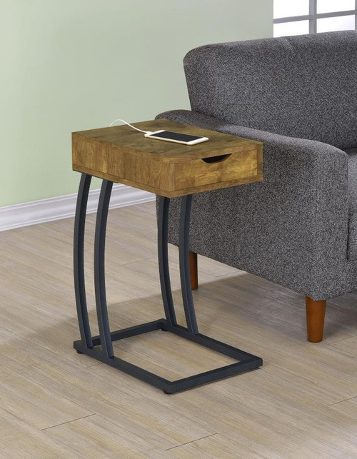 Troy - 1-Drawer C-Shaped Side Table Power Outlet - Rustic Nutmeg