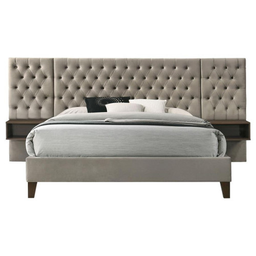 Marley - Upholstered Eastern King Platform Bed With Headboard Panels - Light Brown And Walnut