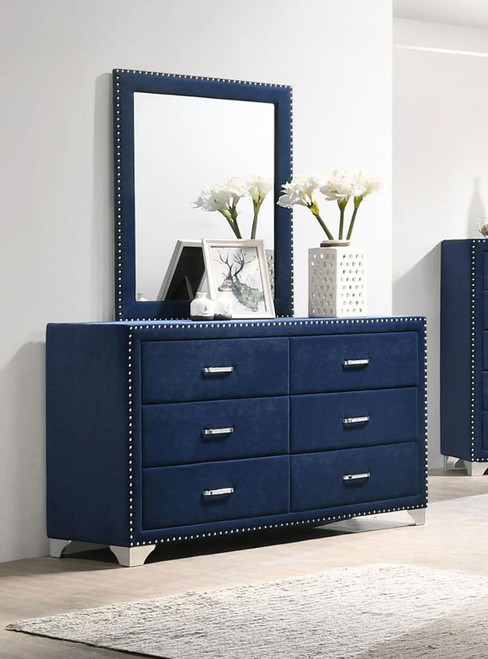 Melody - 6-Drawer Upholstered Dresser With Mirror - Pacific Blue