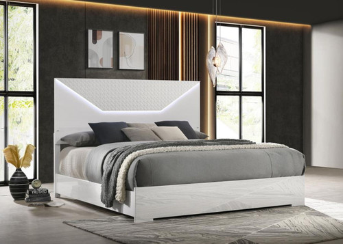 Ives - Queen Panel Bed LED Headboard - White High Gloss