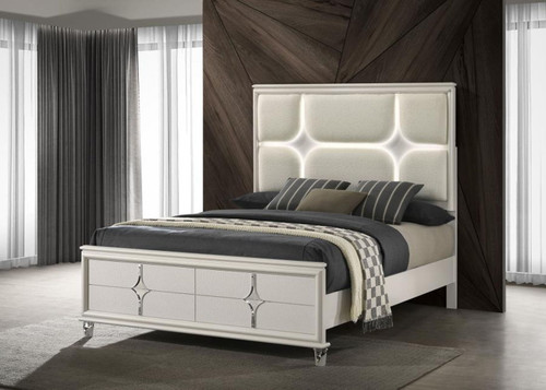 Olivia - Queen Panel Bed LED Headboard - Pearl White