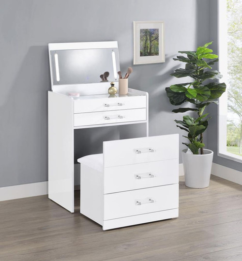 Danbury - 3-Drawer Makeup Vanity & Stool Set - White High Gloss