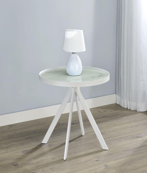 Briggs - Round Marble Printed Glass Top End Side Table - White