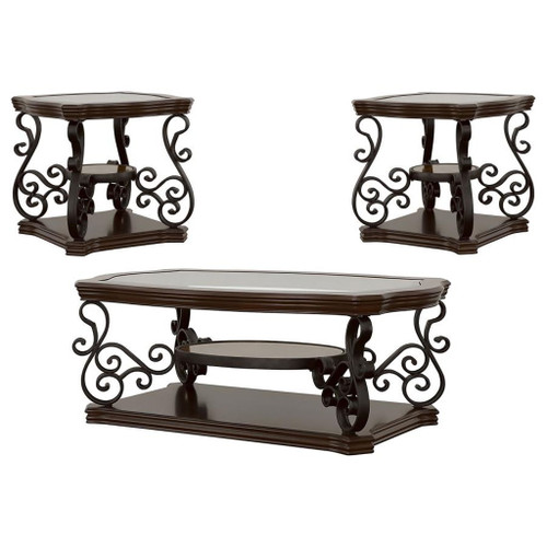 Laney - 3 Piece Glass Top Coffee And End Table Set - Dark Merlot