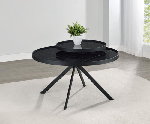 Briggs - Round Marble Printed Glass Top Coffee Table - Black