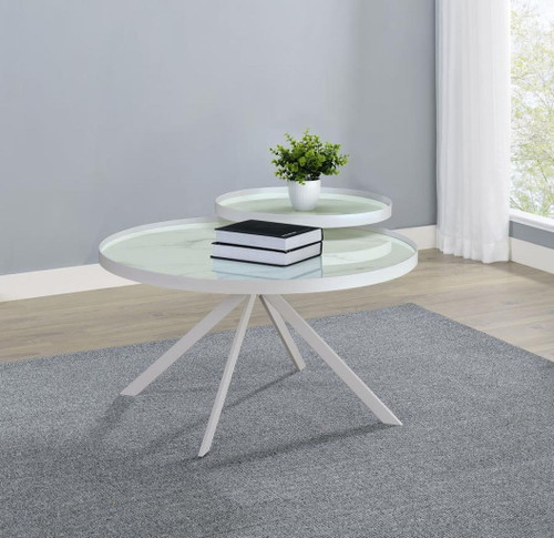 Briggs - Round Marble Printed Glass Top Coffee Table - White