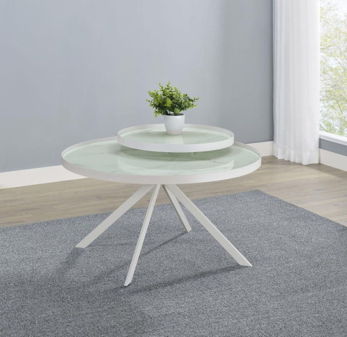Briggs - Round Marble Printed Glass Top Coffee Table - White
