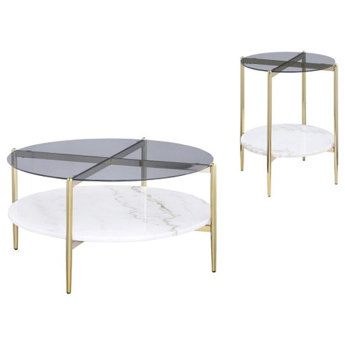 Jonelle - 2 Piece Round Coffee And End Table Set - Gold / Smoke