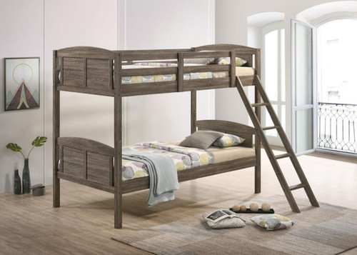 Flynn - Wood Twin Over Twin Bunk Bed With Mattress - Weathered Brown