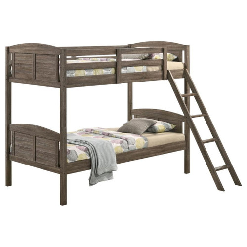 Flynn - Wood Twin Over Twin Bunk Bed With Mattress - Weathered Brown