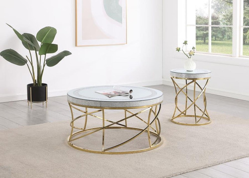 Elise - 2 Piece Round Mirror Top Coffee And End Table Set - Gold