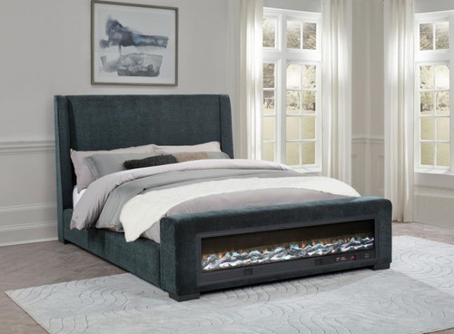 Preston - Upholstered Eastern King Audio Flame Visualizer Bed - Blue
