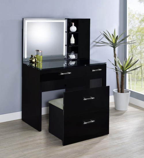Flora - 2-Drawer Vanity Set With LED Mirror - Black High Gloss