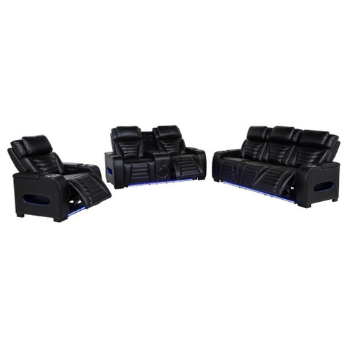 Zuma - 3 Piece Faux Leather Dual Power LED Sofa Set - Black