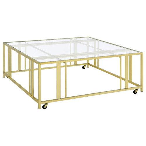 Adri - Square Glass Top Coffee Table With Casters - Matte Brass