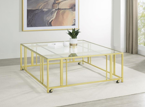 Adri - Square Glass Top Coffee Table With Casters - Matte Brass